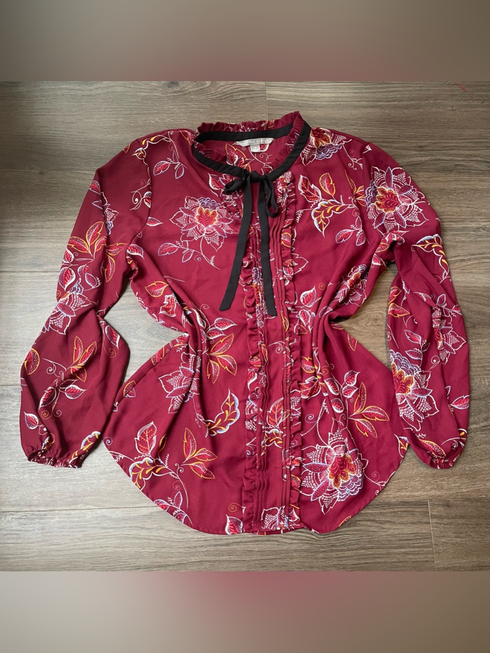 Burgundy Floral Tie-Neck Victorian Style Blouse XL